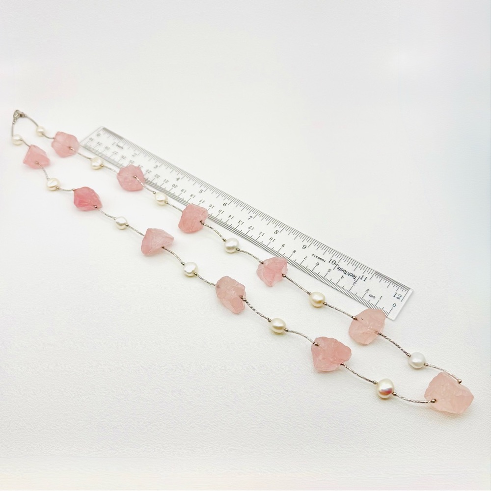 Genuine Pearl Sterling Silver Rose Quartz Rock Long Necklace Freshwater Chunky